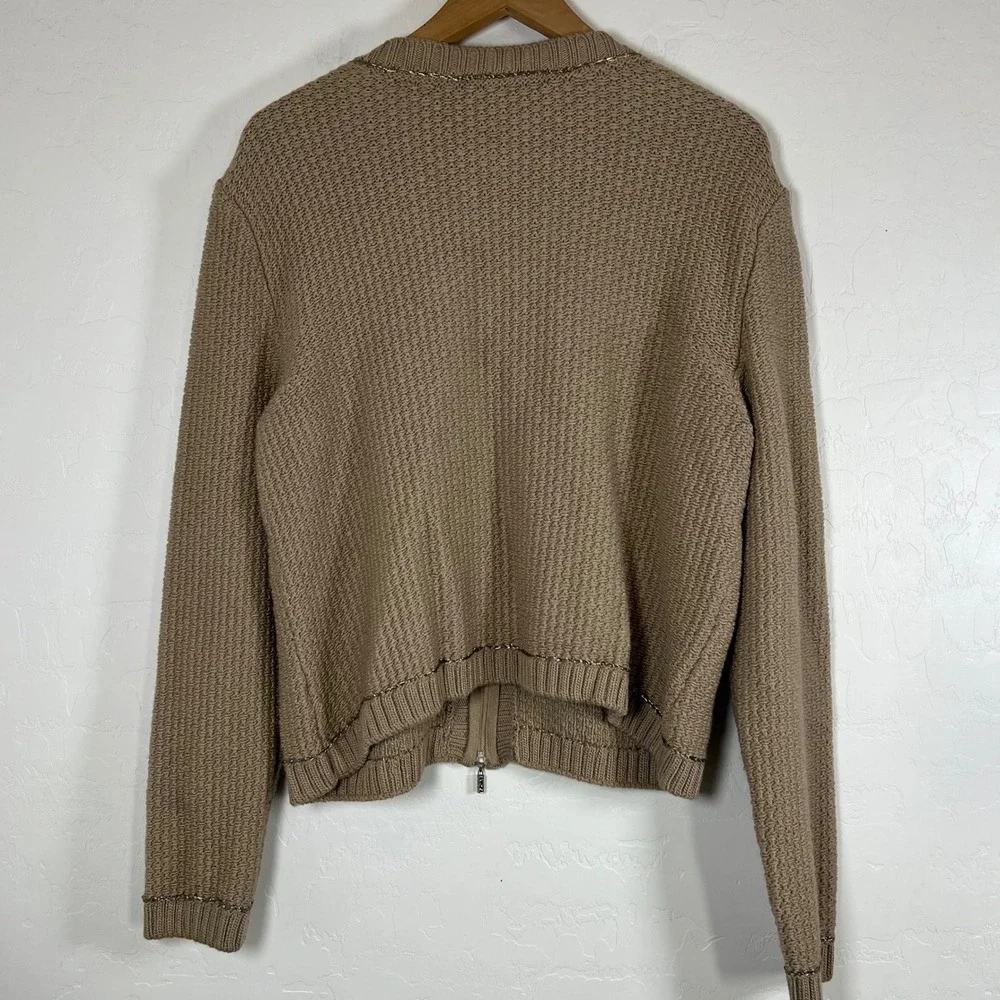 St John Couture Tan Knit Zip Jacket Metallic Trim Silver Buttons Size 16 USA